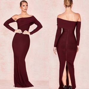 House of CB Nalani Wine Draped Shoulder Asymmetric Maxi Bandage Dress NWOT Small
